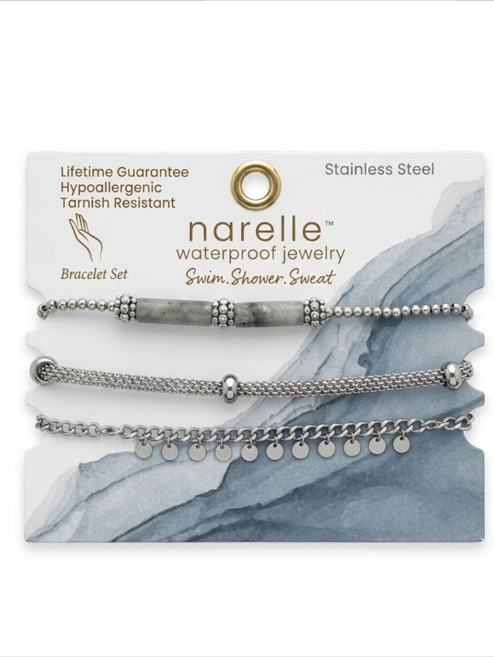 New W Tags Narelle Waterproof Stainless Steel 3 Set Bracelet Silver /Grey Beads